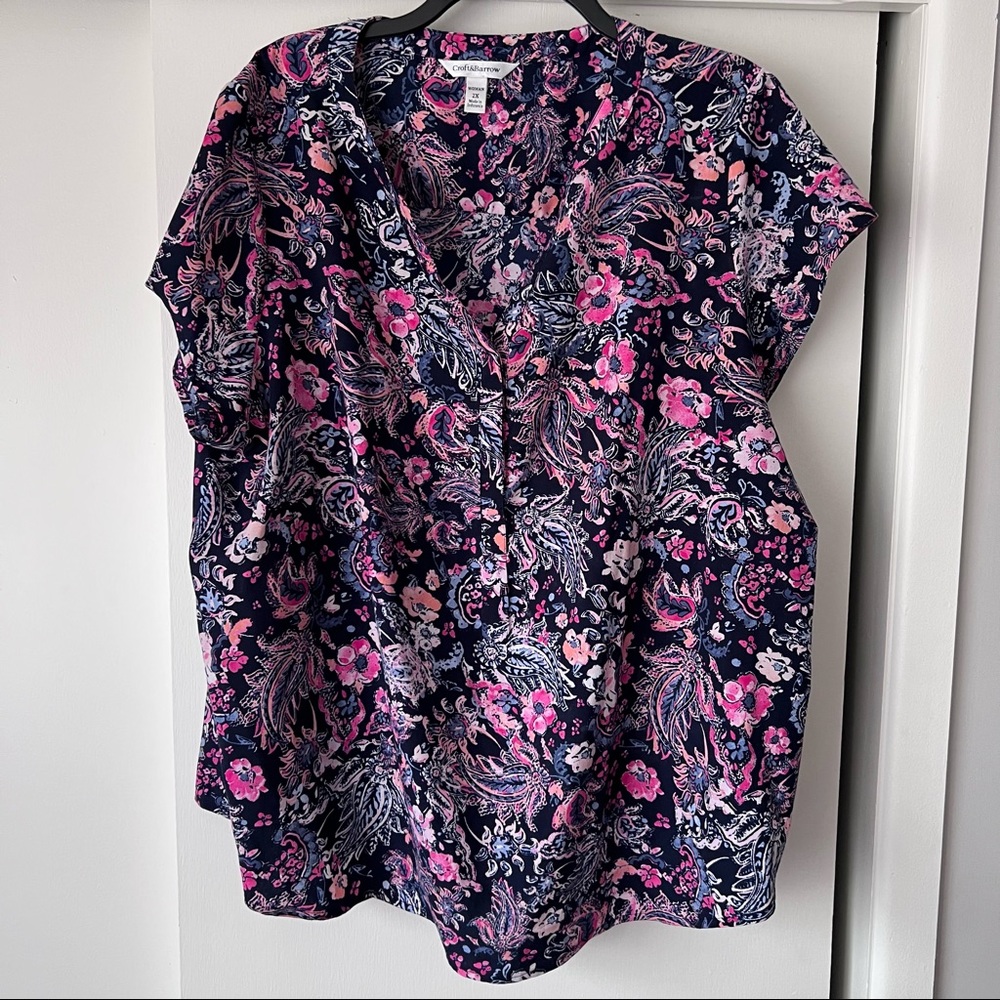 Floral paisley print cap sleeve navy blouse, split neck, pink and coral flowers